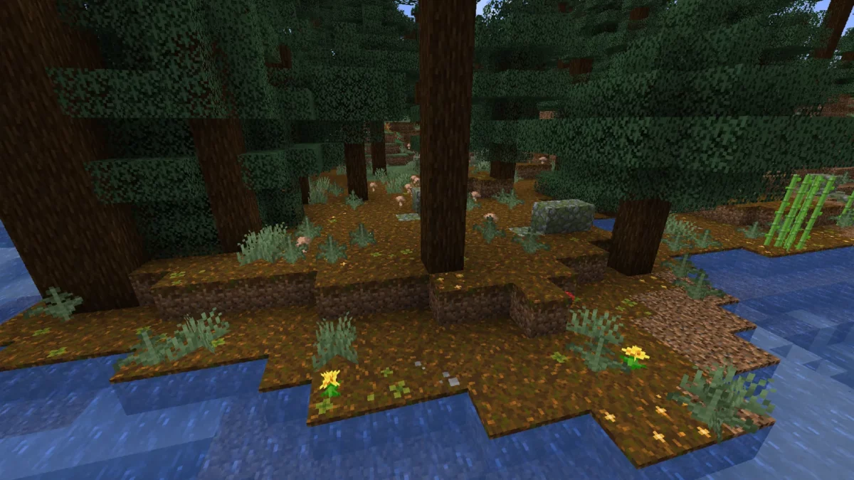 Podzol décoré de plantes et cailloux par Simple Grass Flowers dans Minecraft