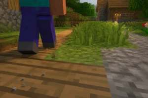 Presence Footsteps est un mod qui adapte chaque pas au bloc parcouru dans Minecraft Joueur traversant pierre, bois et hautes herbes avec des particules de pas distinctes dans Minecraft