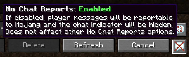Réglage global du mod No Chat Reports affiché dans les options de Minecraft