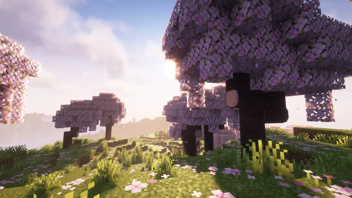 Bosquet de cerisiers aux troncs arrondis grâce à Round Trees dans Minecraft