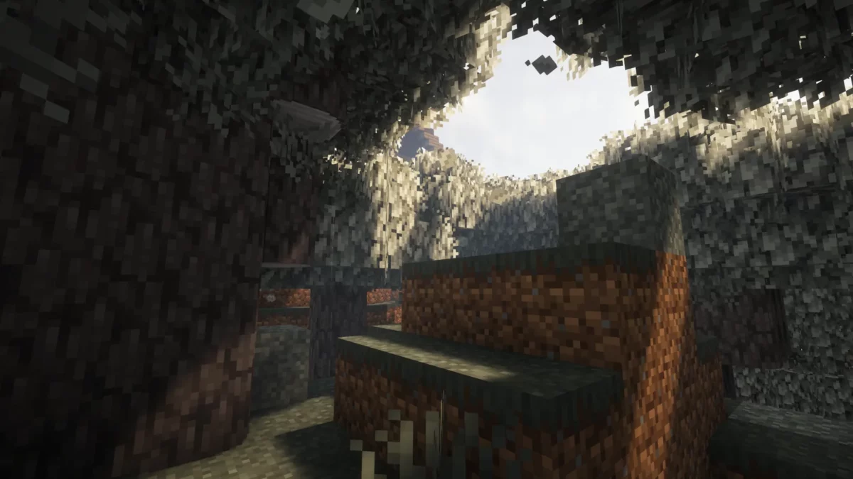 Chêne pâle aux troncs arrondis affiché par Round Trees dans Minecraft au milieu d’une forêt claire