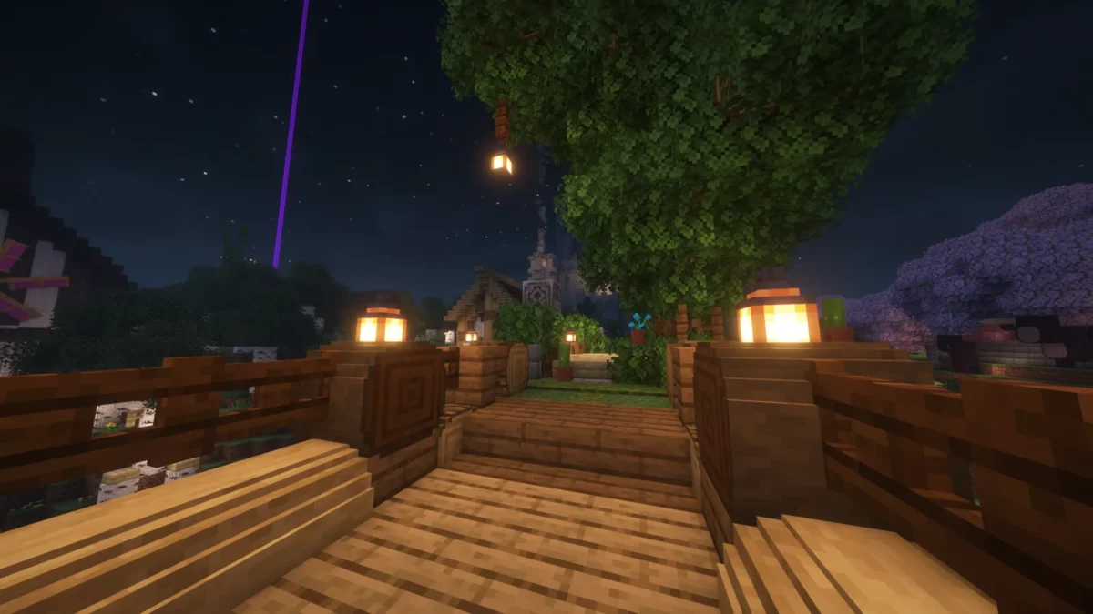 Pont Minecraft intégré à un paysage boisé utilisant les troncs arrondis de Round Trees