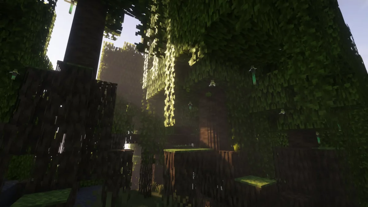 Mangrove aux troncs arrondis créée avec le pack Round Trees dans Minecraft