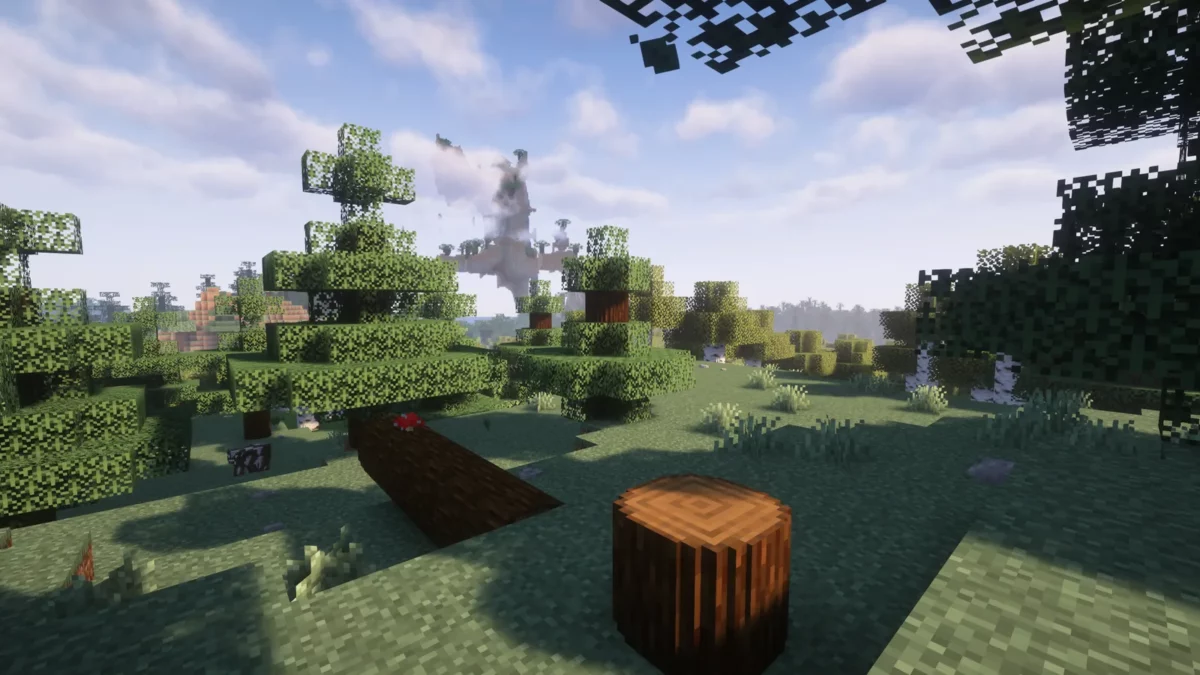 Tronc d’épicéa couché et arrondi par Round Trees dans un paysage Minecraft