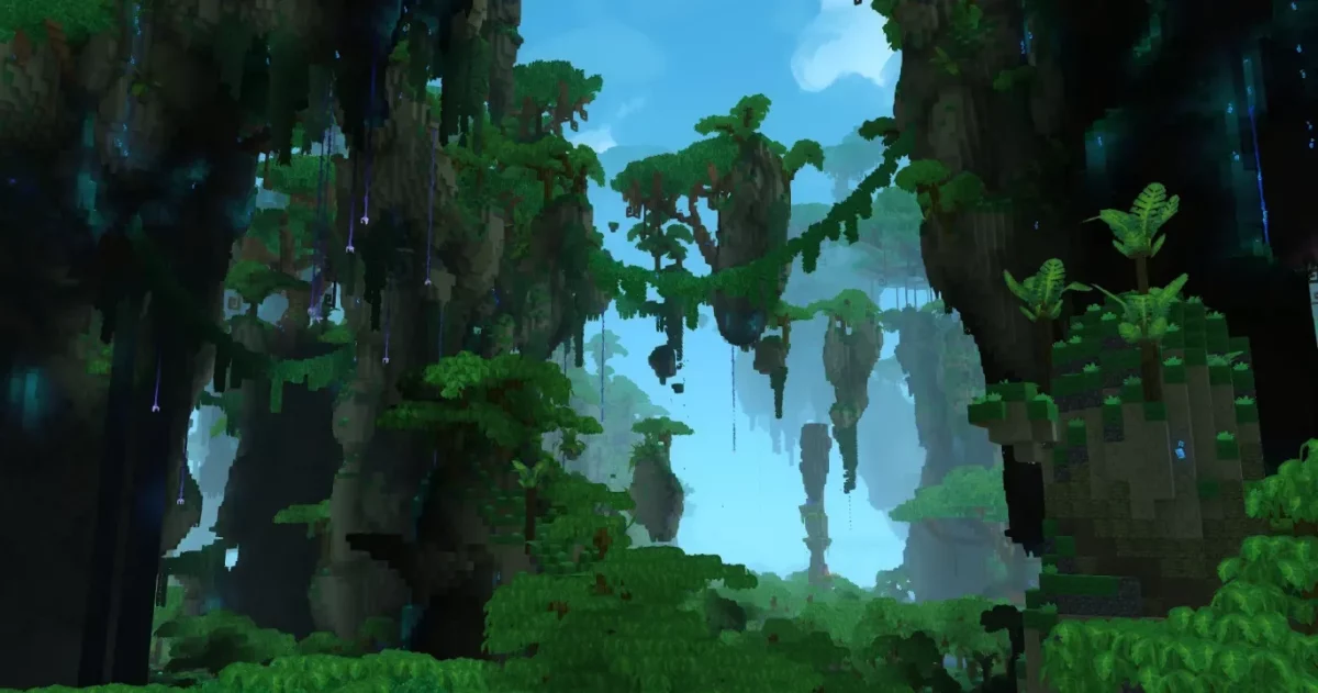 Jungle luxuriante avec cascades et îlots rocheux suspendus dans Hytale