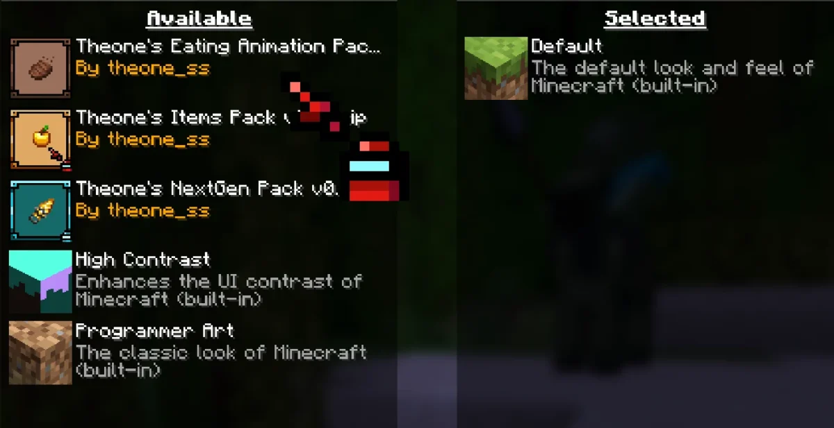Menu des ressources avec Theone’s Eating Animation Pack sélectionné dans Minecraft Java
