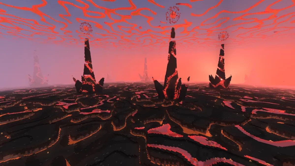 Plaines de lave noire et rouge hérissées de pics sous un ciel rose dans Hytale