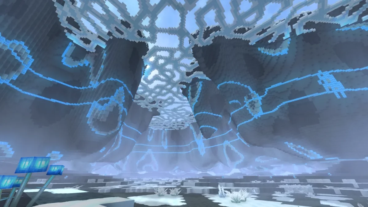 Structure osseuse géante illuminée au milieu d'une caverne glacée dans Hytale