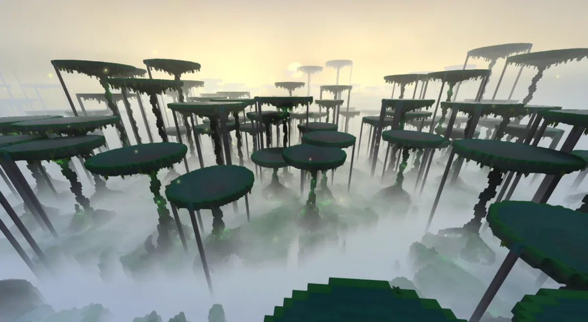 Forêt de hautes plateformes végétales dressées dans la brume dans Hytale
