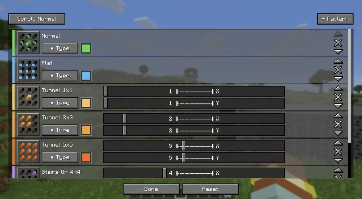 Écran de configuration des motifs de minage proposés par VeinMiner Hotkey dans Minecraft