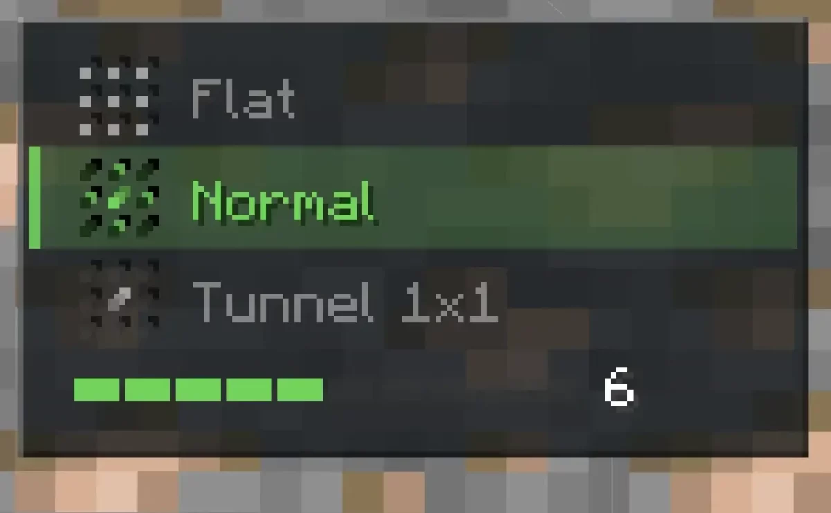 Menu rapide de VeinMiner Hotkey affichant le motif choisi et sa profondeur dans Minecraft