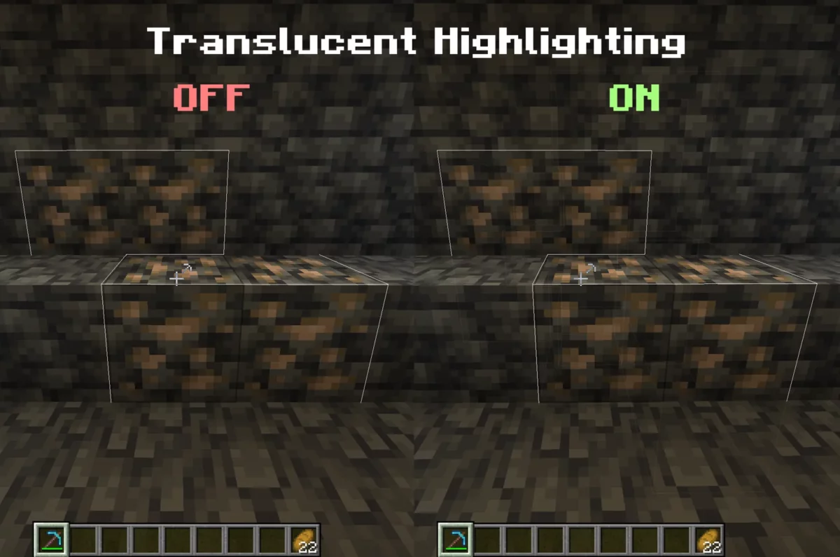 Comparaison de la surbrillance transparente des minerais avec VeinMiner Hotkey dans Minecraft