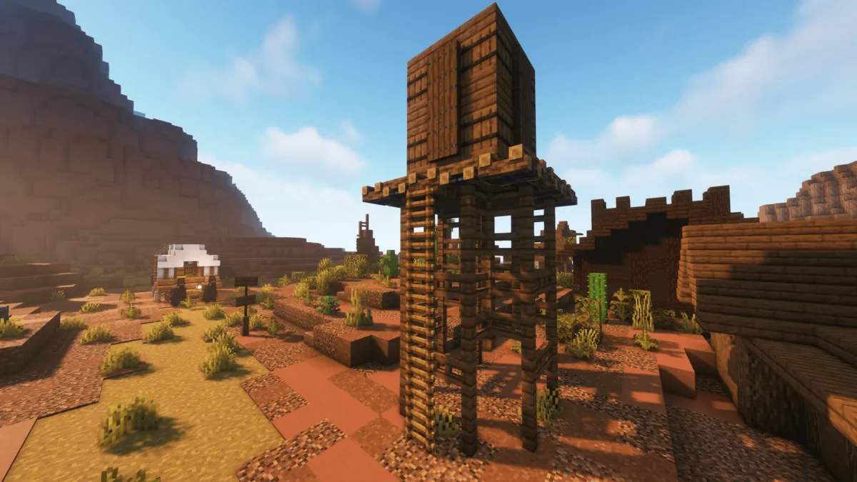 Vue latérale d’une échelle 3D fixée à une tour en bois dans Minecraft