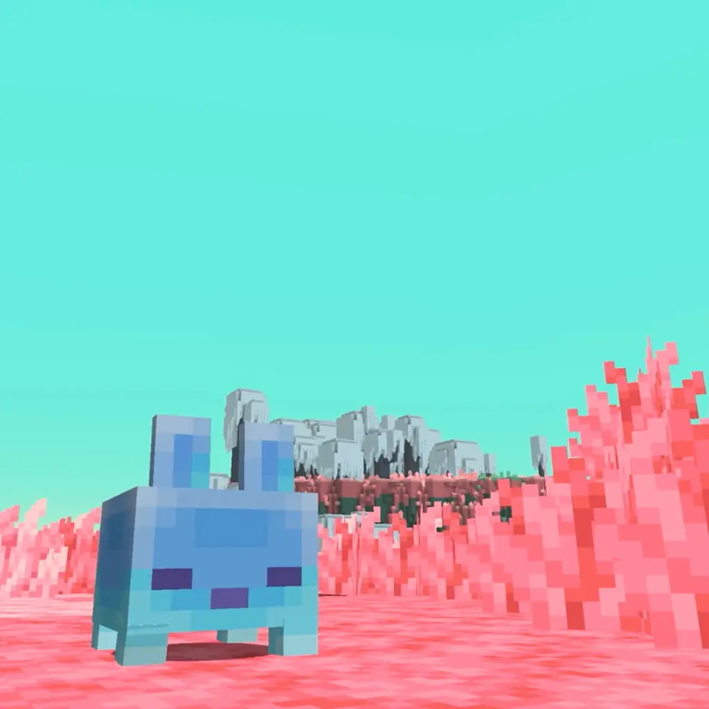 Gros plan du Blub devant la végétation rose et les arbres blancs de The Sift dans Minecraft