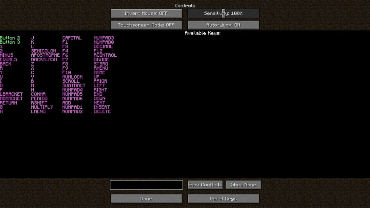 Ancienne interface Minecraft listant les touches disponibles avec une version historique de Controlling