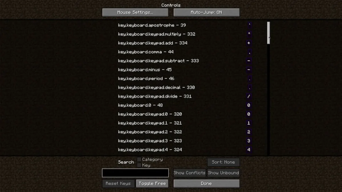 Menu des contrôles Minecraft enrichi par la recherche et les filtres du mod Controlling