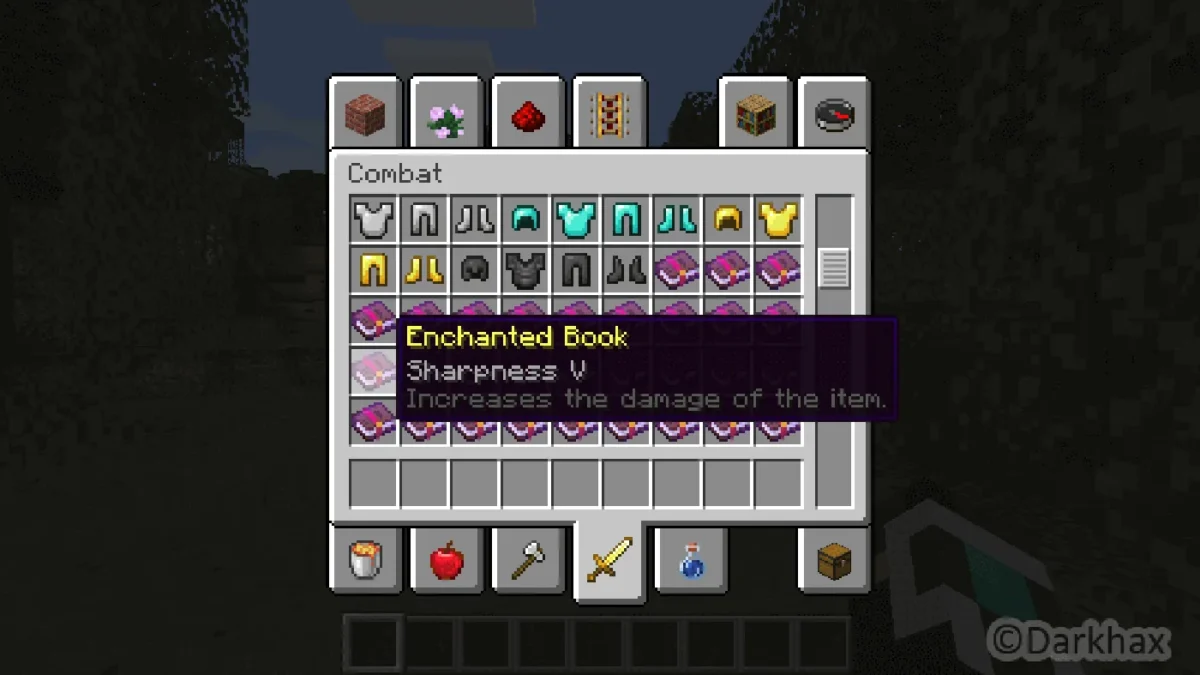 Inventaire créatif montrant les descriptions de livres enchantés ajoutées par Enchantment Descriptions