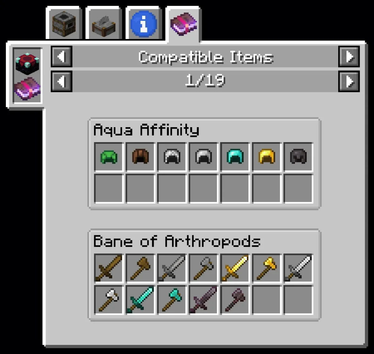 Liste des objets compatibles avec plusieurs enchantements dans l’interface JEI de Minecraft