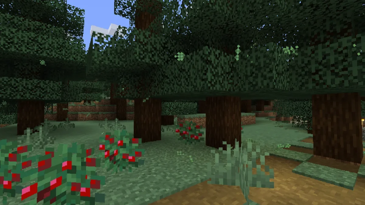 Particules vertes tombant de sapins après activation du réglage conifères dans Minecraft