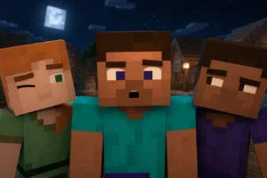 Just Expressions est un pack de textures qui anime le regard de votre skin dans Minecraft Trois personnages Minecraft affichant des expressions faciales animées avec le pack Just Expressions