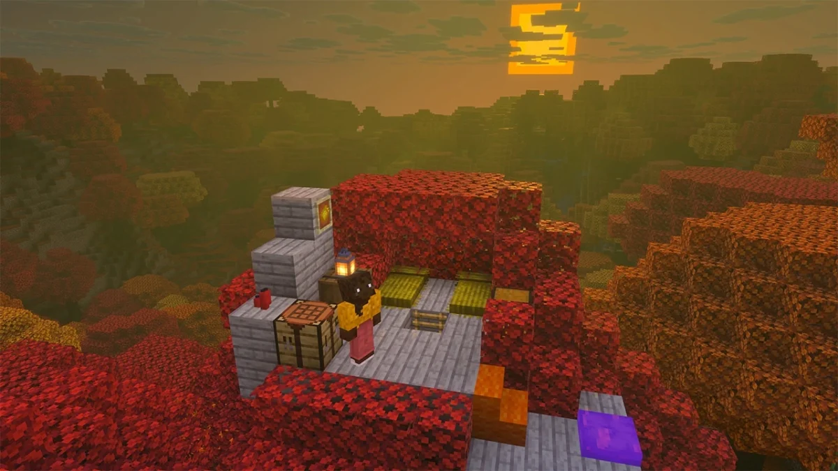 Joueur installant un campement en hauteur dans la forêt tachetée de Minecraft 26.3