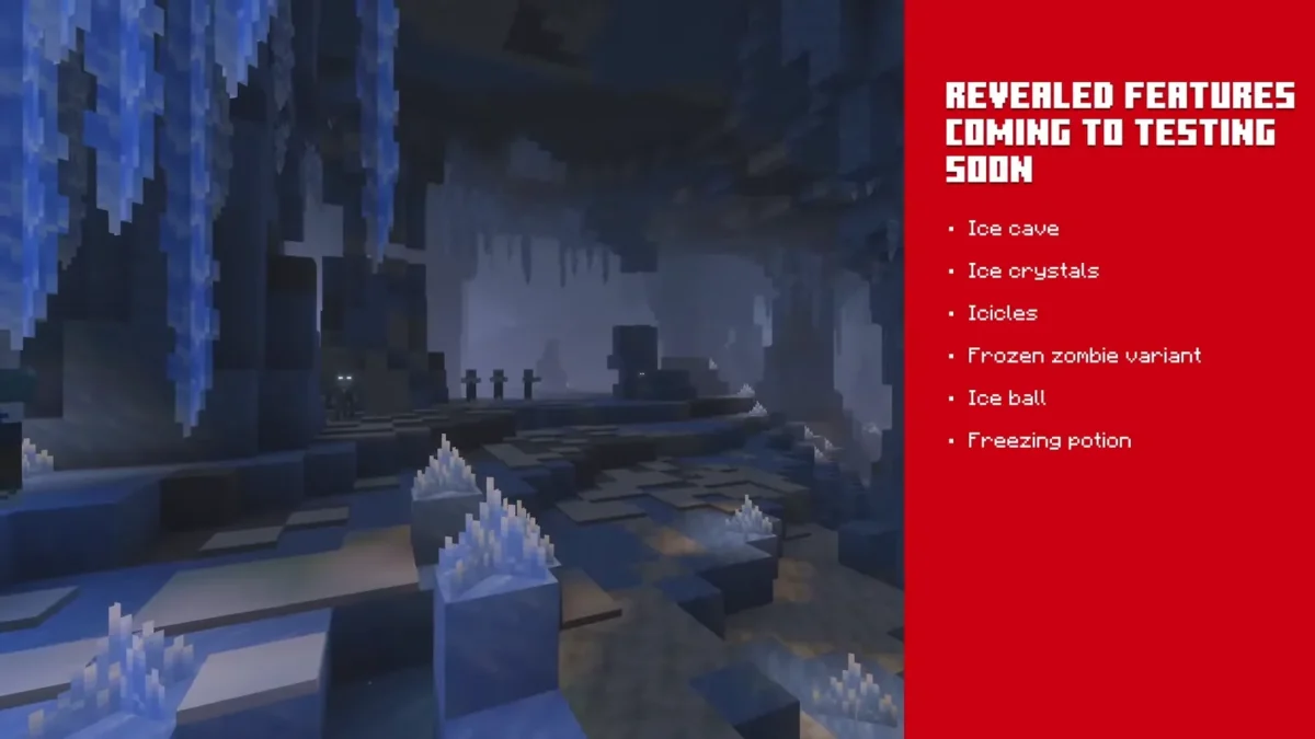 Un écran du Minecraft Live récapitule les fonctionnalités glacées qui doivent prochainement rejoindre les versions de test