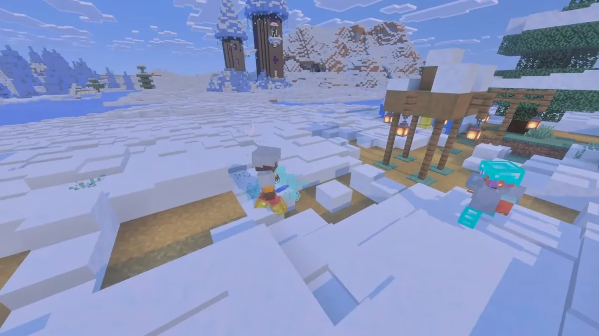Deux personnages s’affrontent dans un village enneigé avec des particules bleues autour de l’un d’eux