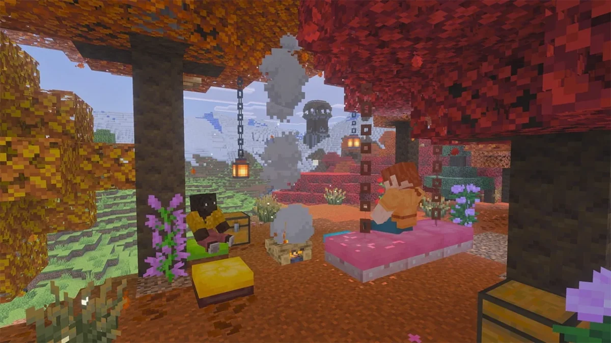 Deux personnages de Minecraft campent sous des arbres automnaux devant des montagnes et une tour