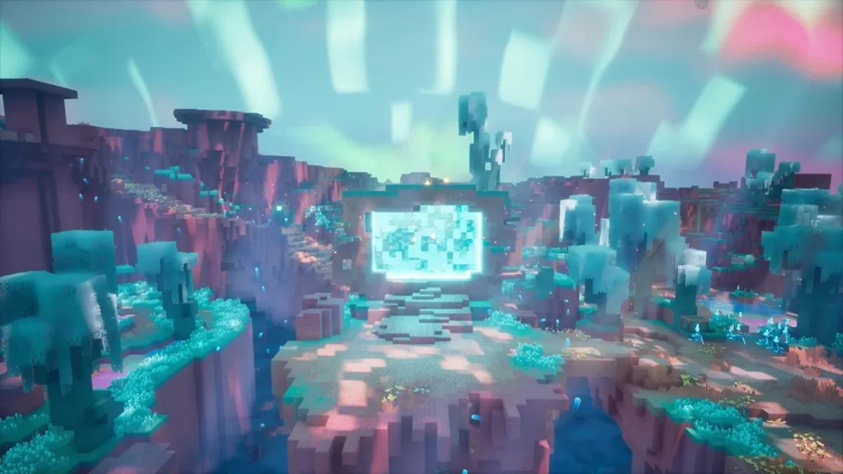 Un portail lumineux apparaît au milieu de la végétation turquoise de Minecraft Dungeons II