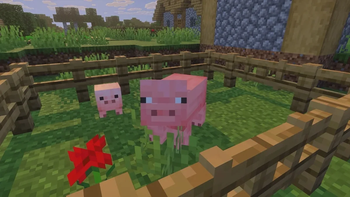 Un cochon et son petit dans un enclos illustrent les packs sonores présentés par Mojang