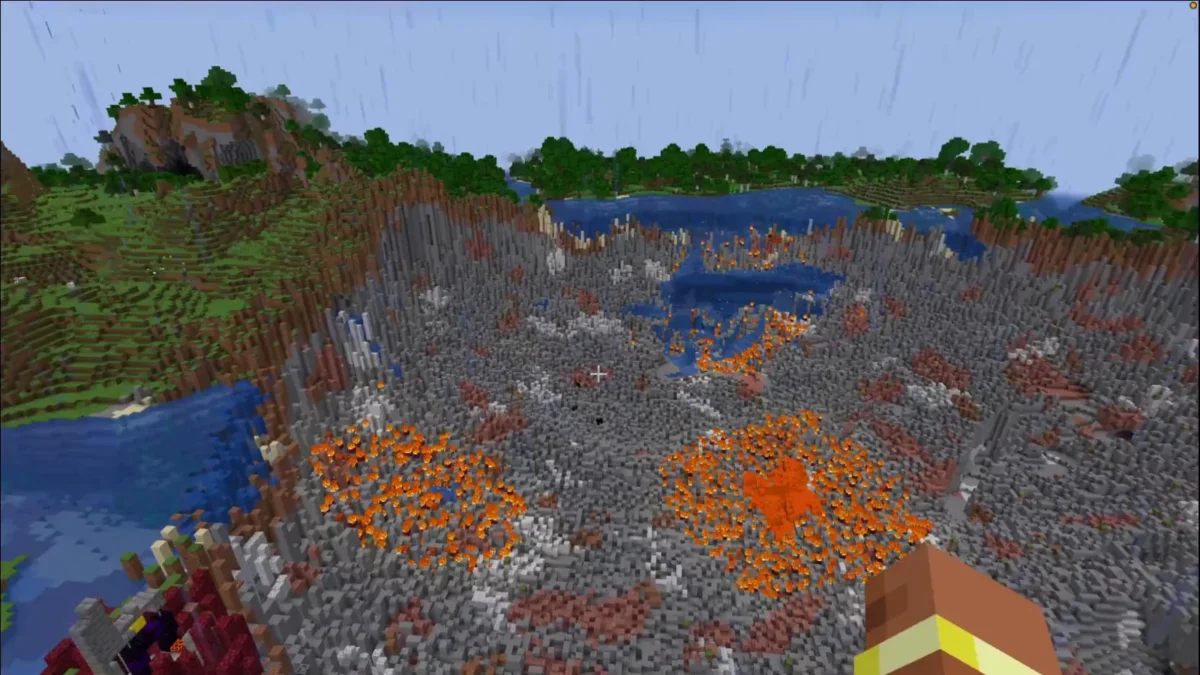 Immense cratère en feu laissé par l’attaque Kirin dans Minecraft