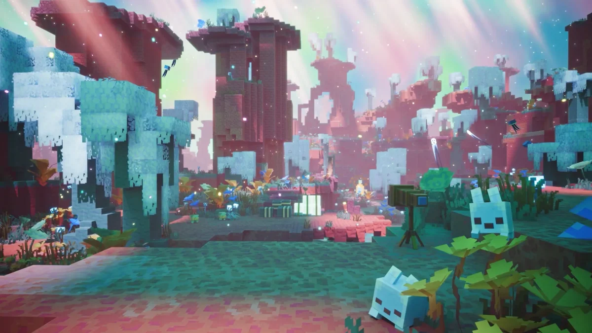 Paysage de The Sift dans Minecraft Dungeons II avec plusieurs Blubs et des arbres au feuillage blanc