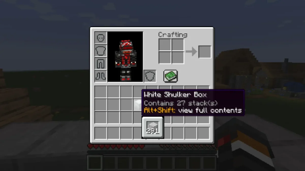 Aperçu compact du contenu d’une boîte de Shulker blanche dans un inventaire Minecraft