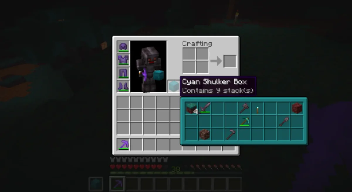 Aperçu complet d’une boîte de Shulker cyan avec ses emplacements dans Minecraft