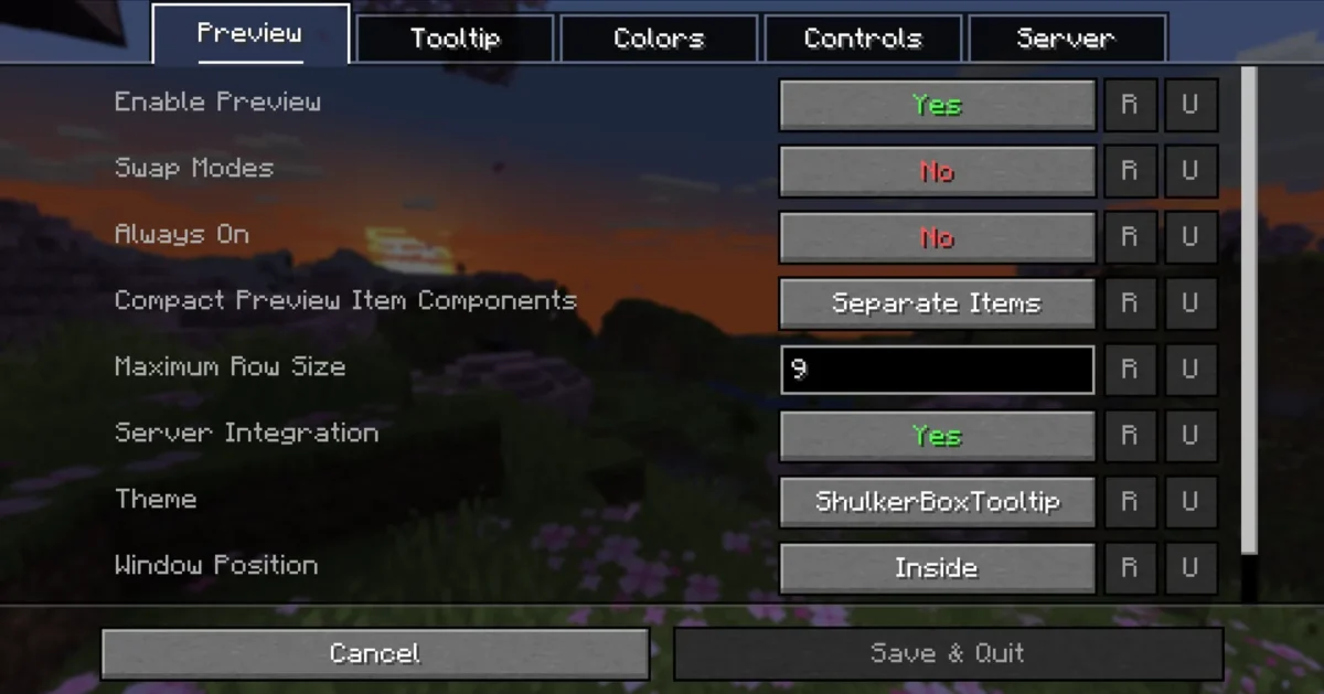 Écran de configuration complet du mod Shulker Box Tooltip avec ses options dans Minecraft