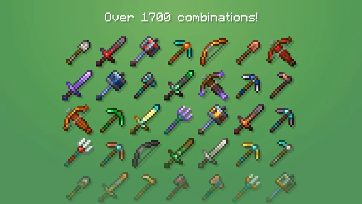Collection de pioches haches épées et arcs colorés avec le data pack Tool Trims