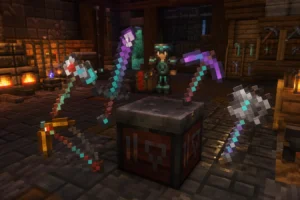 Tool Trims est un data pack qui applique des ornements aux outils et aux armes dans Minecraft Outils et armes ornés autour d’une table de forge dans le data pack Tool Trims