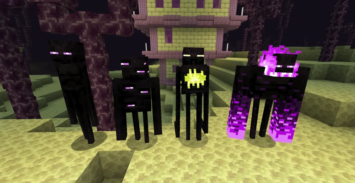 Plusieurs Enderlings aux silhouettes et aux visages différents réunis devant une cité de l’End Minecraft