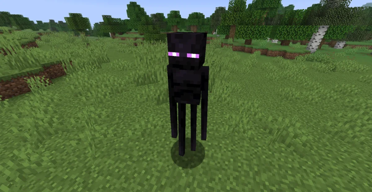 Enderman noir aux yeux violets photographié dans une prairie Minecraft avec le pack adapté à Fresh Animations