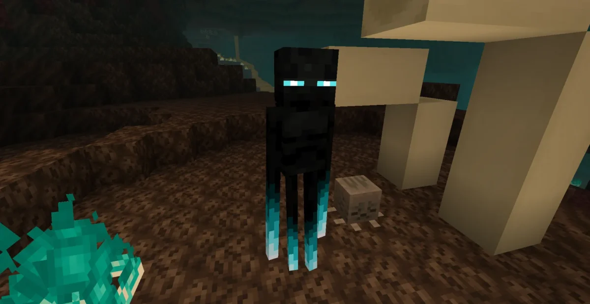 Enderman aux jambes et aux yeux bleutés près d’un fossile dans une vallée des âmes Minecraft