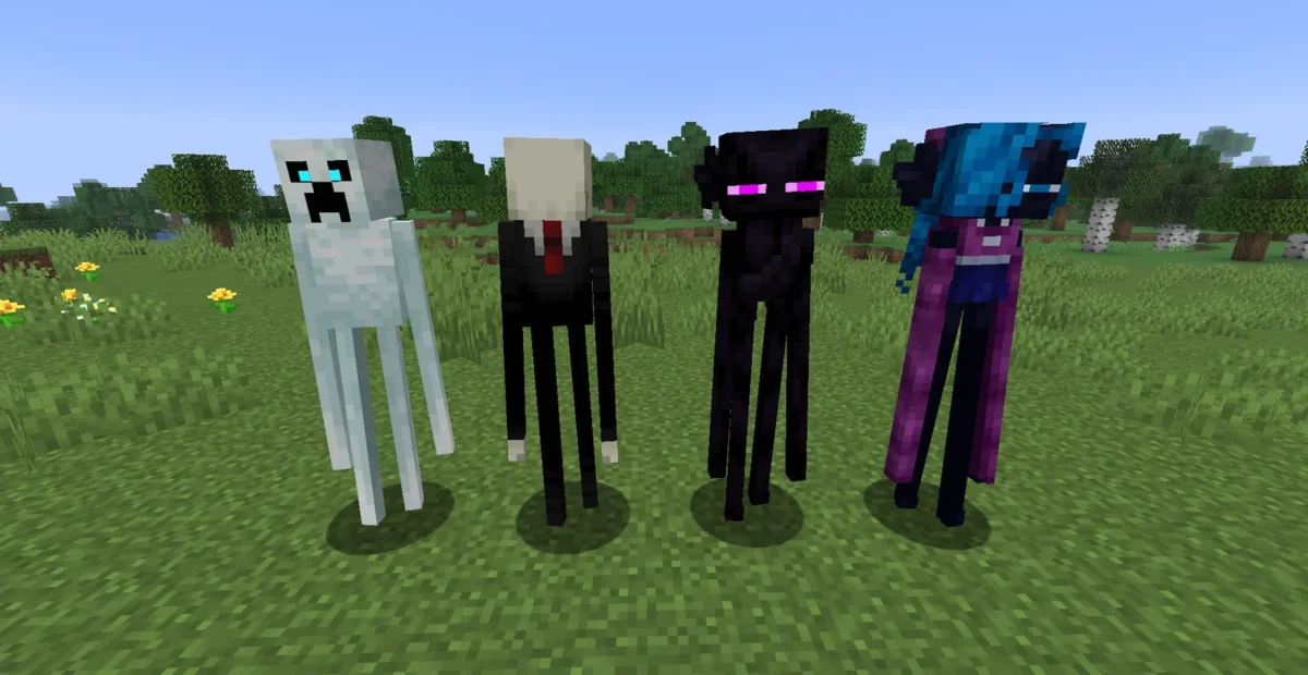 Quatre variantes d’Endermen personnalisées par étiquette présentées côte à côte dans une prairie de Minecraft