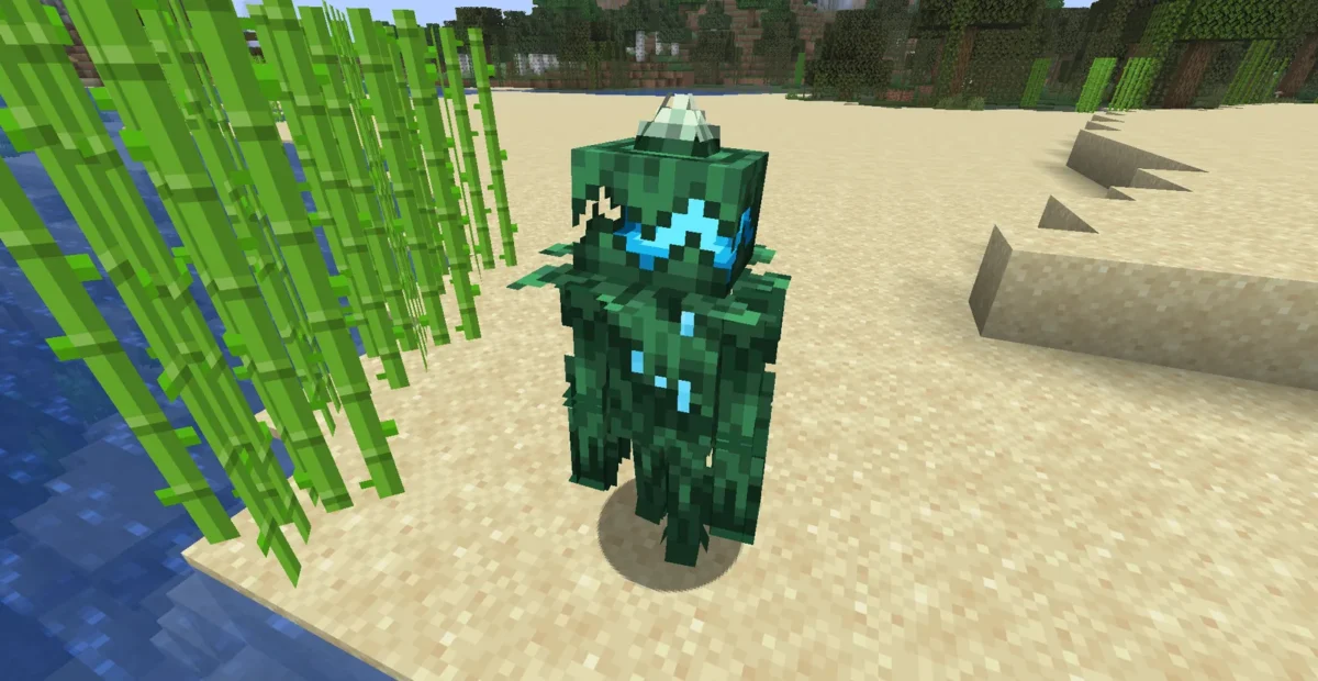 Variante Wavewhisperer turquoise avec une bouche bleue photographiée sur une plage près de cannes à sucre Minecraft