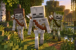 AL’s Skeletons Revamped x Fresh Animations est un pack qui anime des squelettes variés dans Minecraft Trois squelettes Minecraft aux modèles variés et munis de carquois avancent dans une forêt près d’un marais
