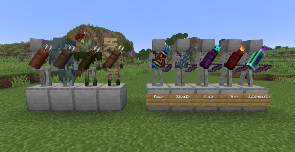 Squelettes Minecraft portant différents carquois selon leur équipement dans la présentation officielle d’AL’s Skeletons Revamped