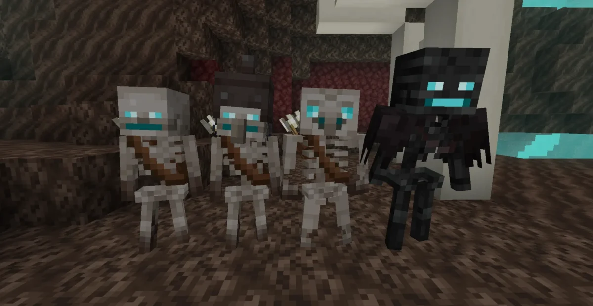Squelettes Minecraft aux yeux bleu clair présentés dans une vallée des âmes avec le pack AL’s Skeletons Revamped