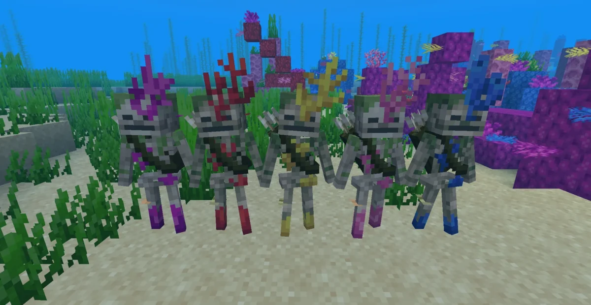 Squelettes Minecraft portant des coraux colorés sous l’eau dans la présentation officielle du pack AL’s Skeletons Revamped