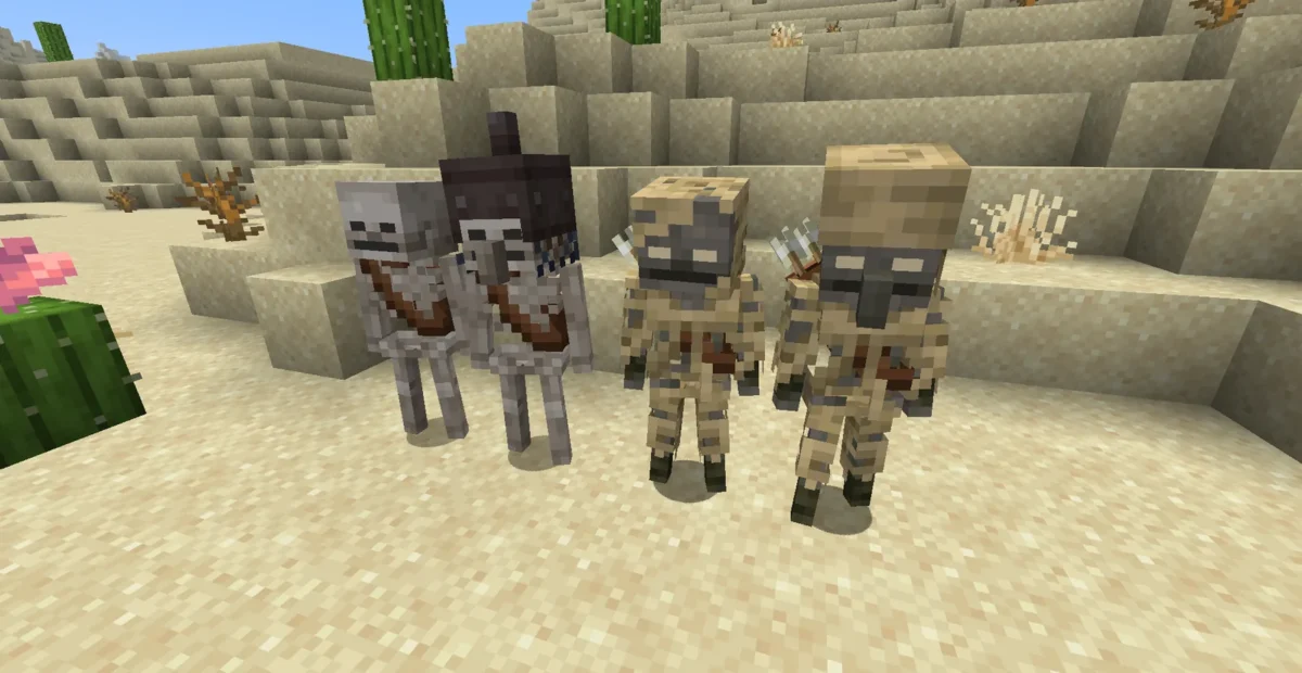 Squelettes Minecraft aux os clairs et sableux regroupés dans un désert avec le pack AL’s Skeletons Revamped