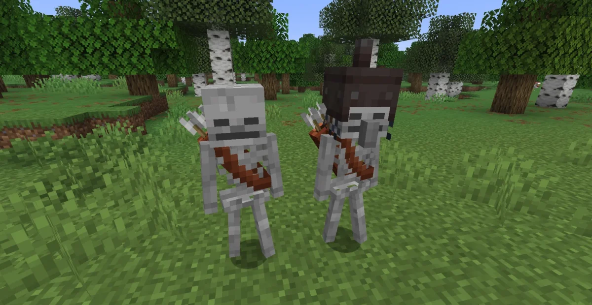 Deux variantes de squelettes Minecraft portant des carquois dans une forêt avec AL’s Skeletons Revamped et Fresh Animations