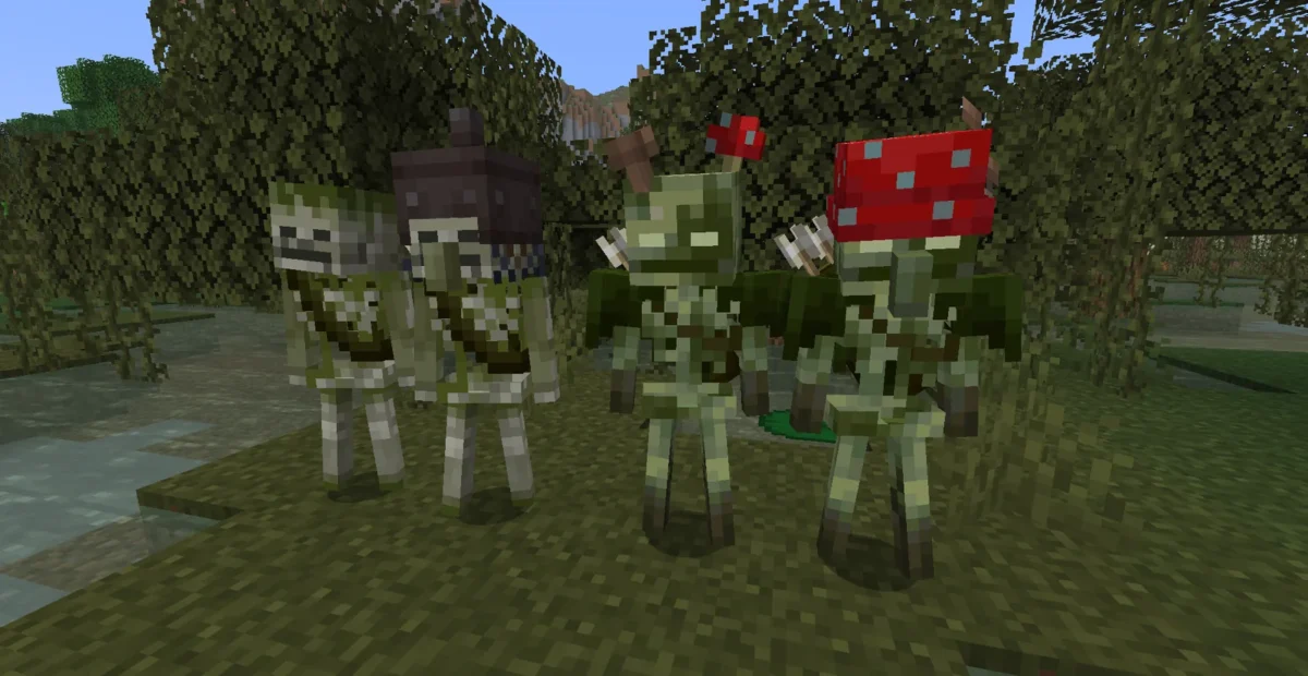 Squelettes Minecraft couverts de végétation et champignons dans une présentation officielle du pack AL’s Skeletons Revamped