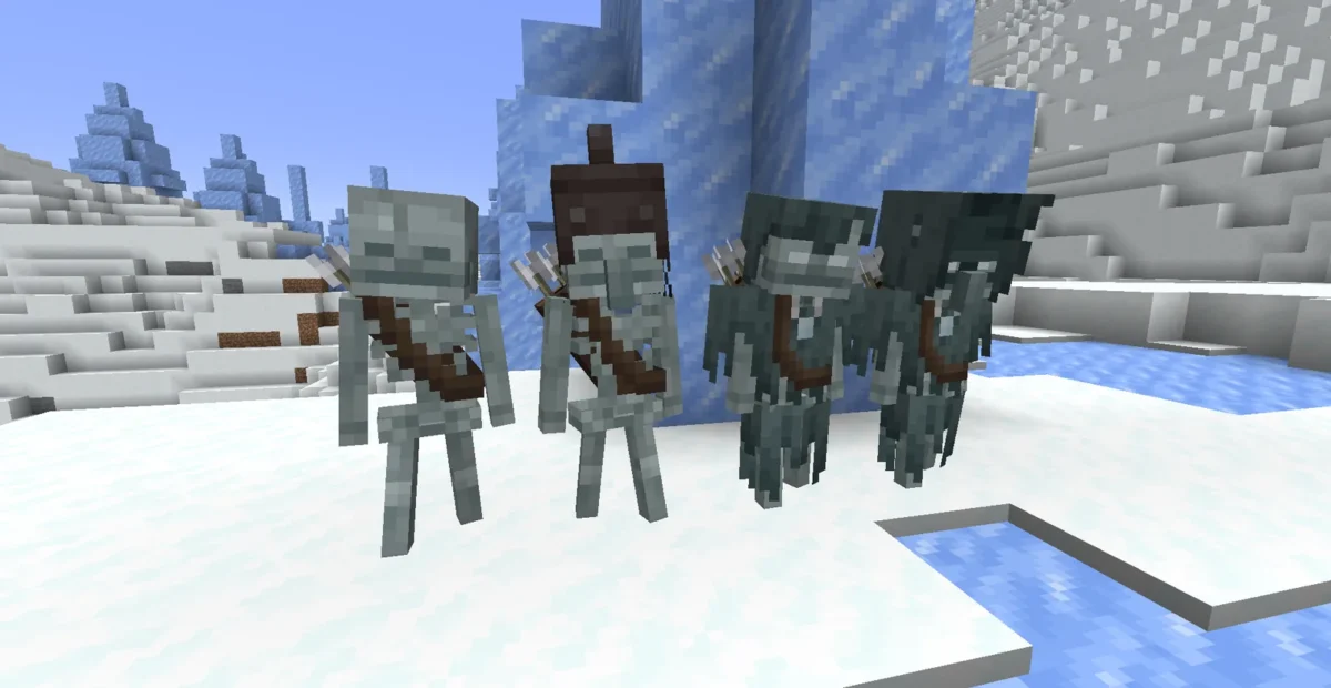 Groupe de squelettes et vagabonds Minecraft aux textures froides dans la galerie du pack AL’s Skeletons Revamped